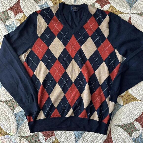 Brooks Brothers Other - Brooks Brothers navy and orange argyle knit sweater 100% merino wool academic